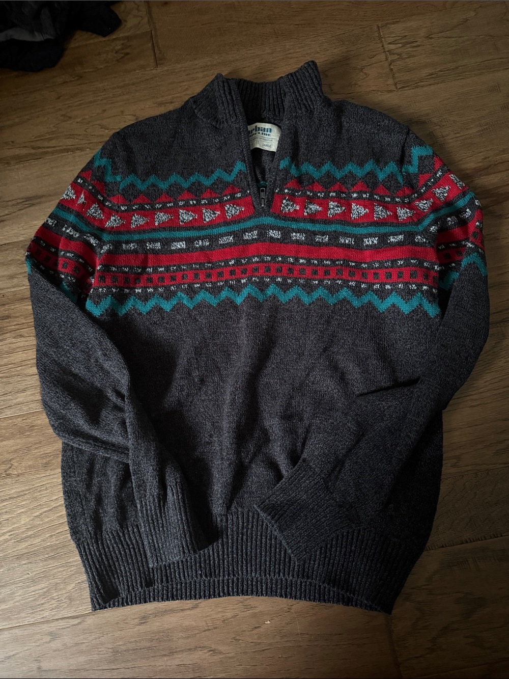 urban pipeline Charcoal Zip-Up Sweater with Red & Teal Fair Isle Yoke